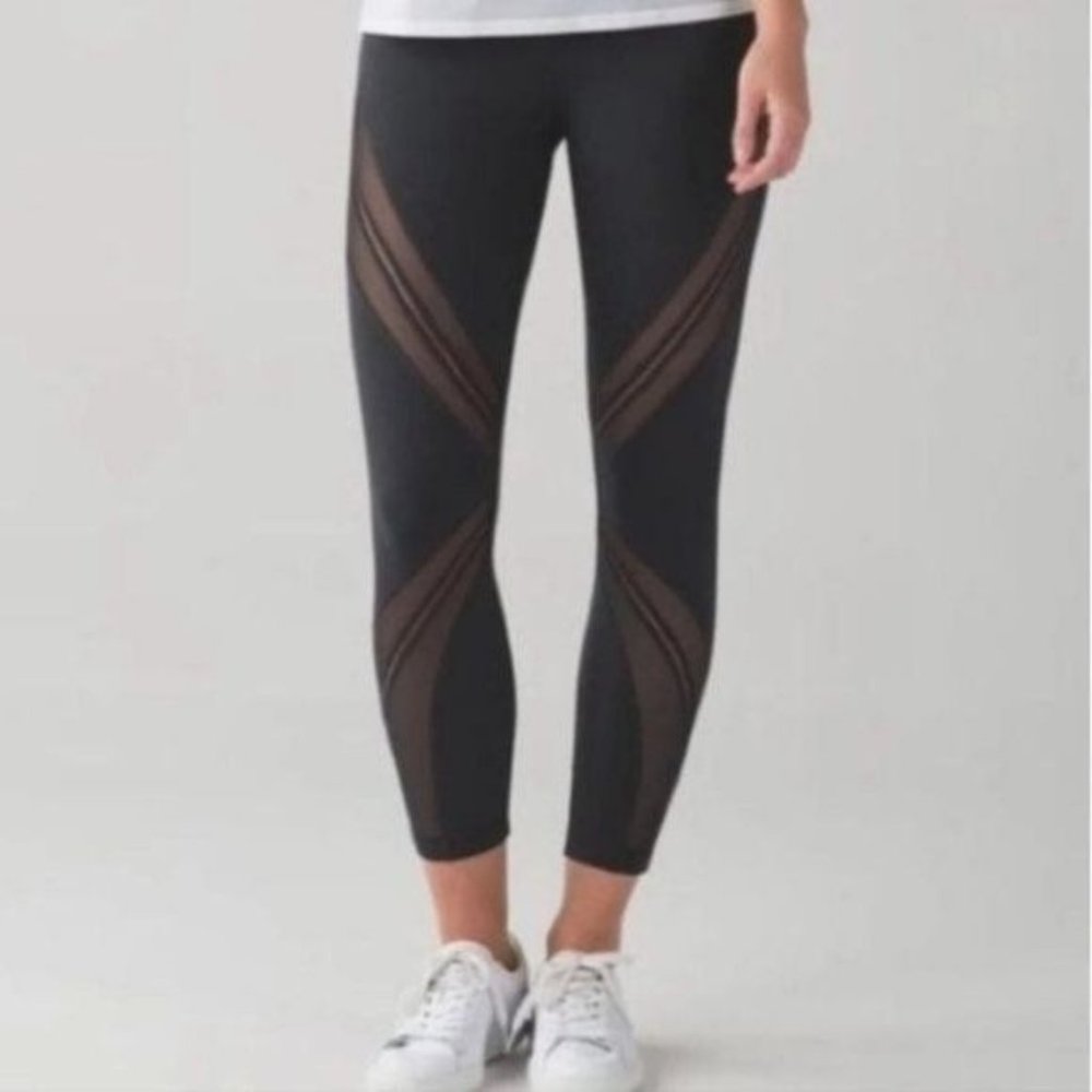 Lululemon Crisscross Lattice Mesh Leggings Black Mesh Yoga Running Gym 12
